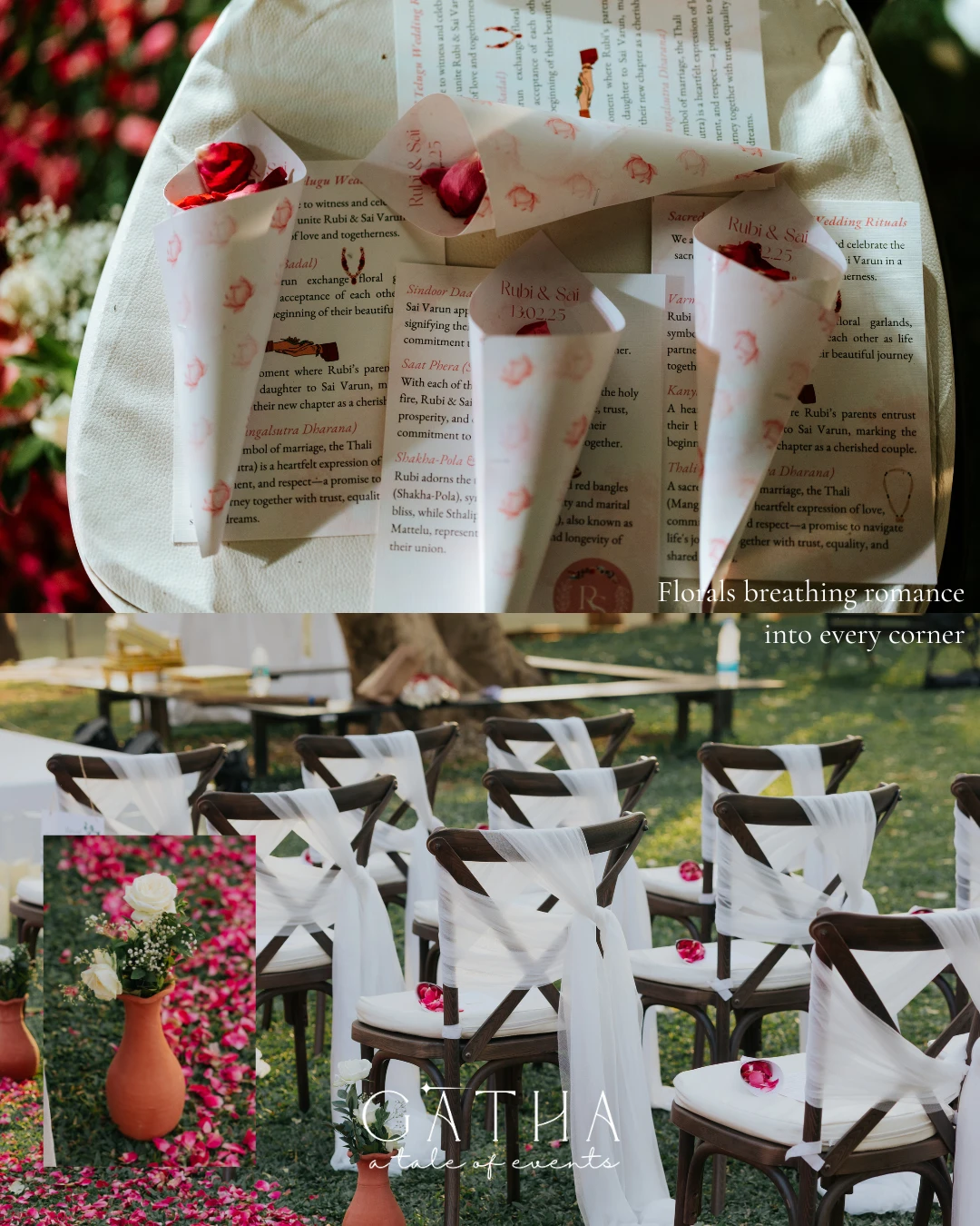 Petal cones and ribboned chairs — Gātha